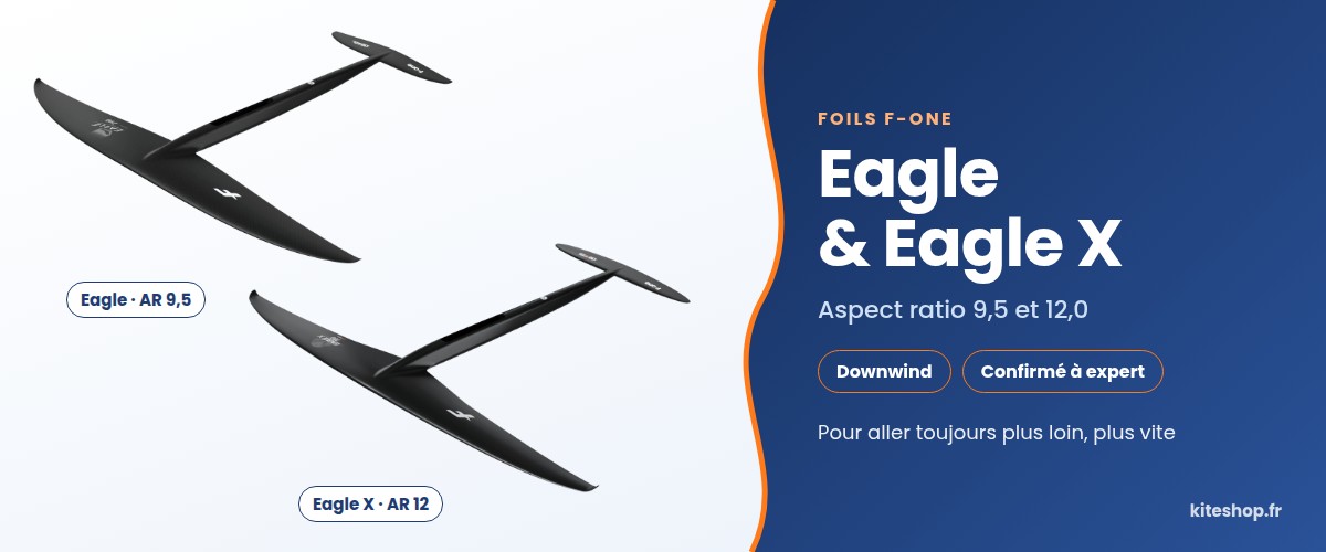 Planes F-ONE Eagle et Eagle X, foils de wingfoil et de downwind aspect ratio 9,5 et 12