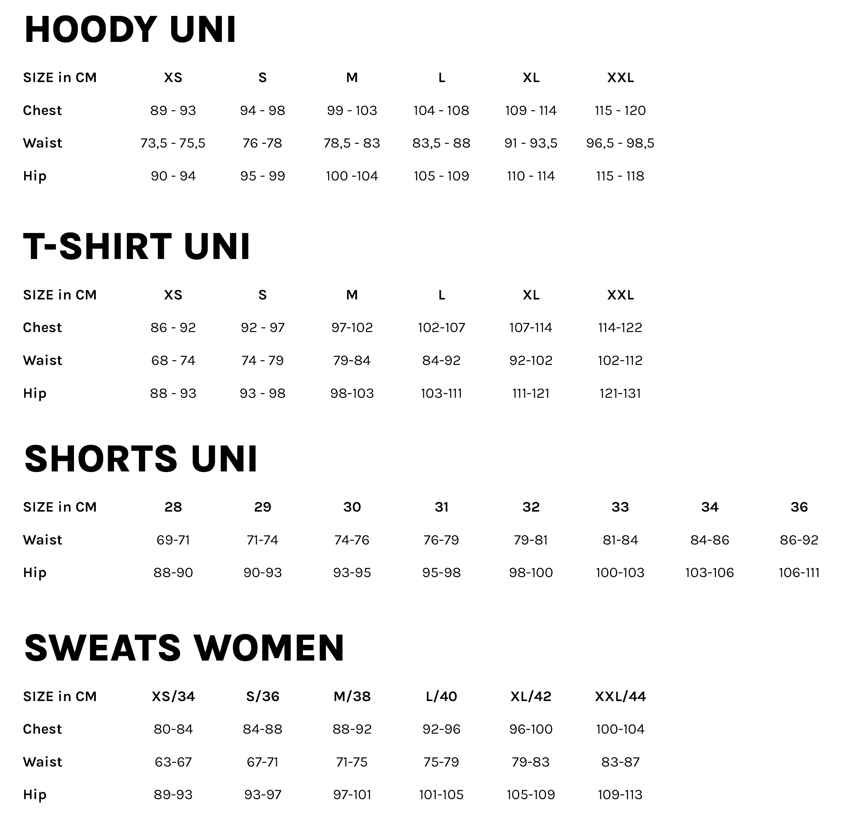 Guide des tailles des vêtements Prolimit