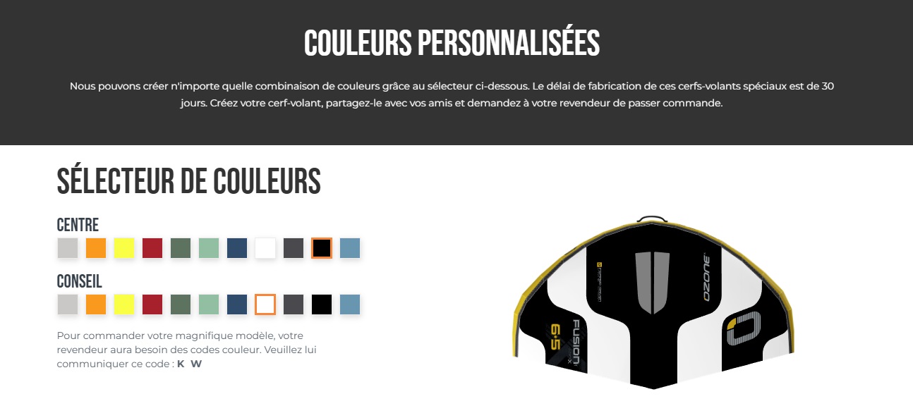 Choix des couleurs de l'aile de wingfoil Ozone Fusion V2 Ultra-X