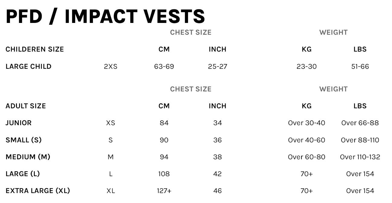 Guide des tailles du gilet d'impact Prolimit Mercury Stretch Vest Half Padded FZ