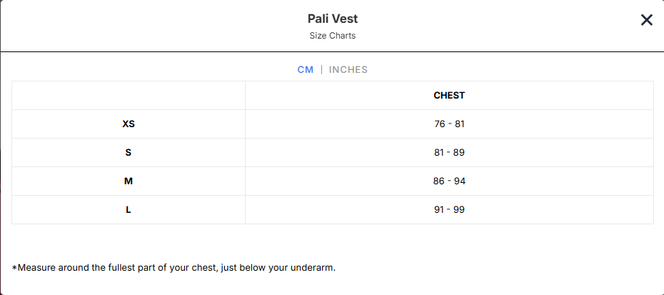 Guide des tailles du gilet d'impact Ride Engine Pali Vest